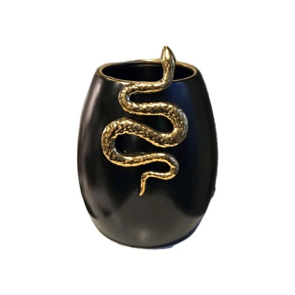 New Modern Black Ceramic Vase W/ Gold Snake Design Planter Home Decor Accent - Picture 3 of 3